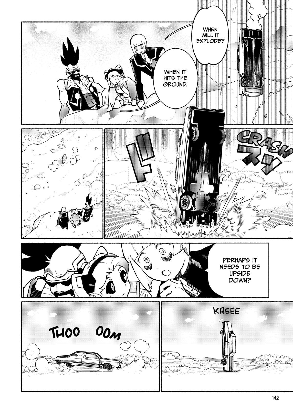 Cyberpunk: Edgerunners Madness page showing Becca's stolen getaway car not exploding after being driven off a cliff.