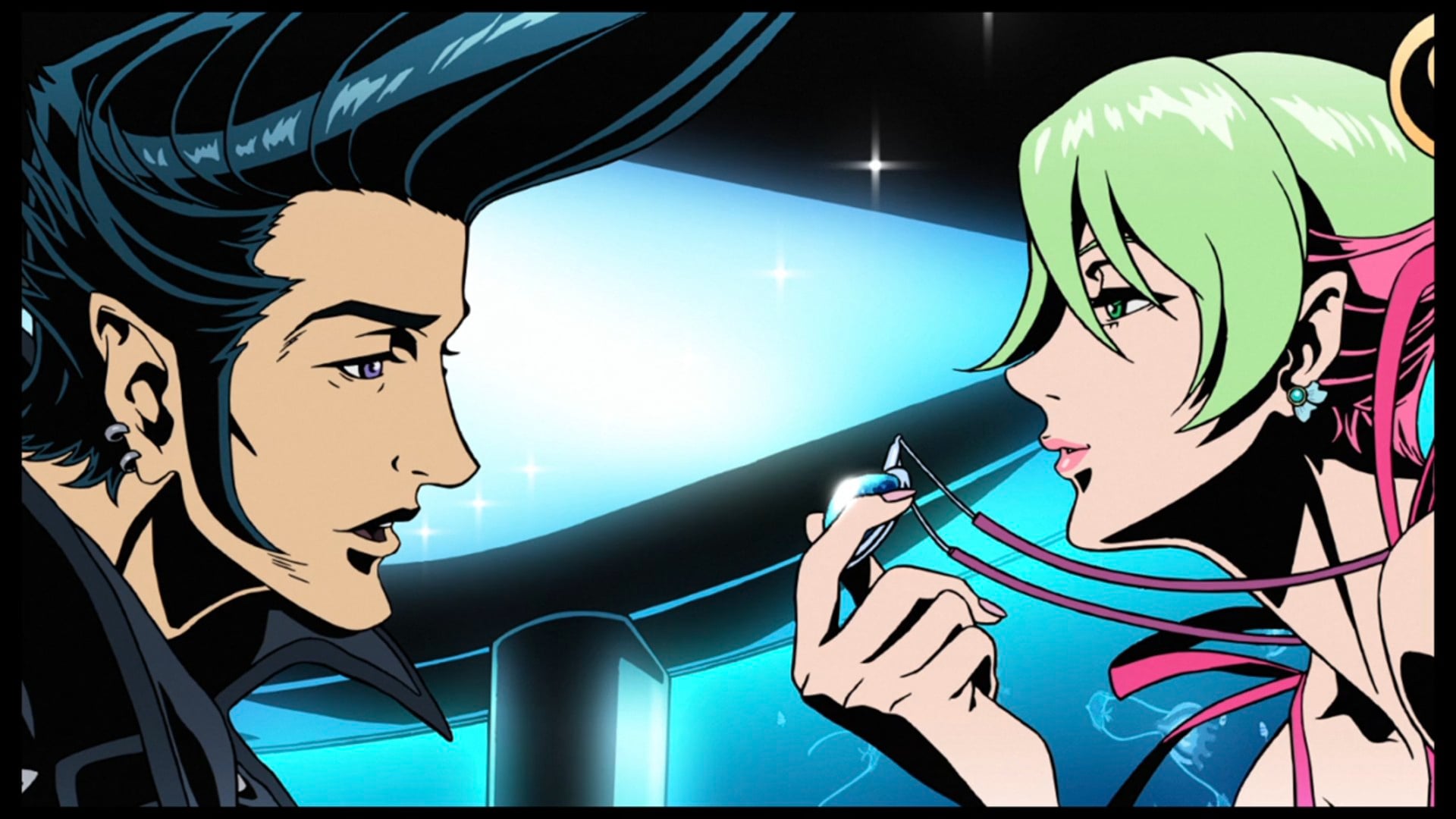 Redline image of JP and Sonoshee staring at her necklace. 
