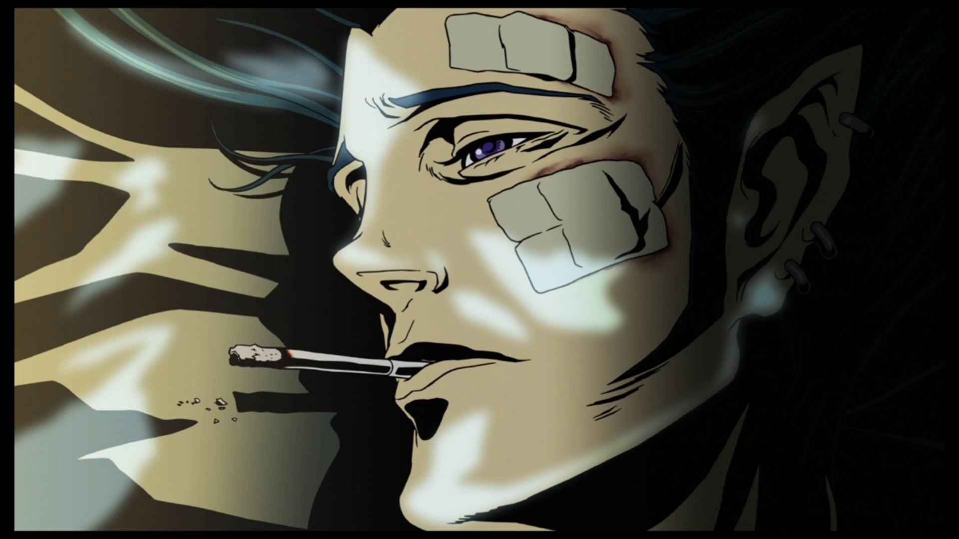Redline image of JP smoking a cigarette in bed.