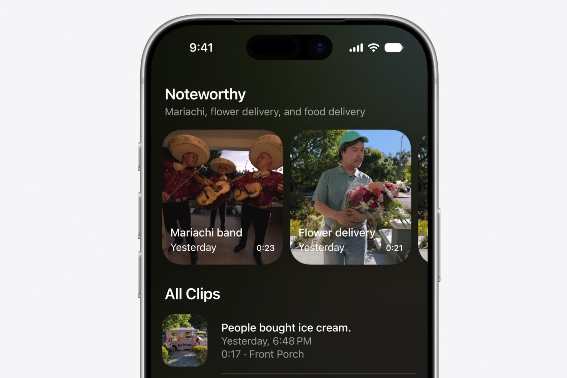 Apple Home app showing a "Noteworthy" section with highlighted clips of a mariachi band and a person delivering flowers.