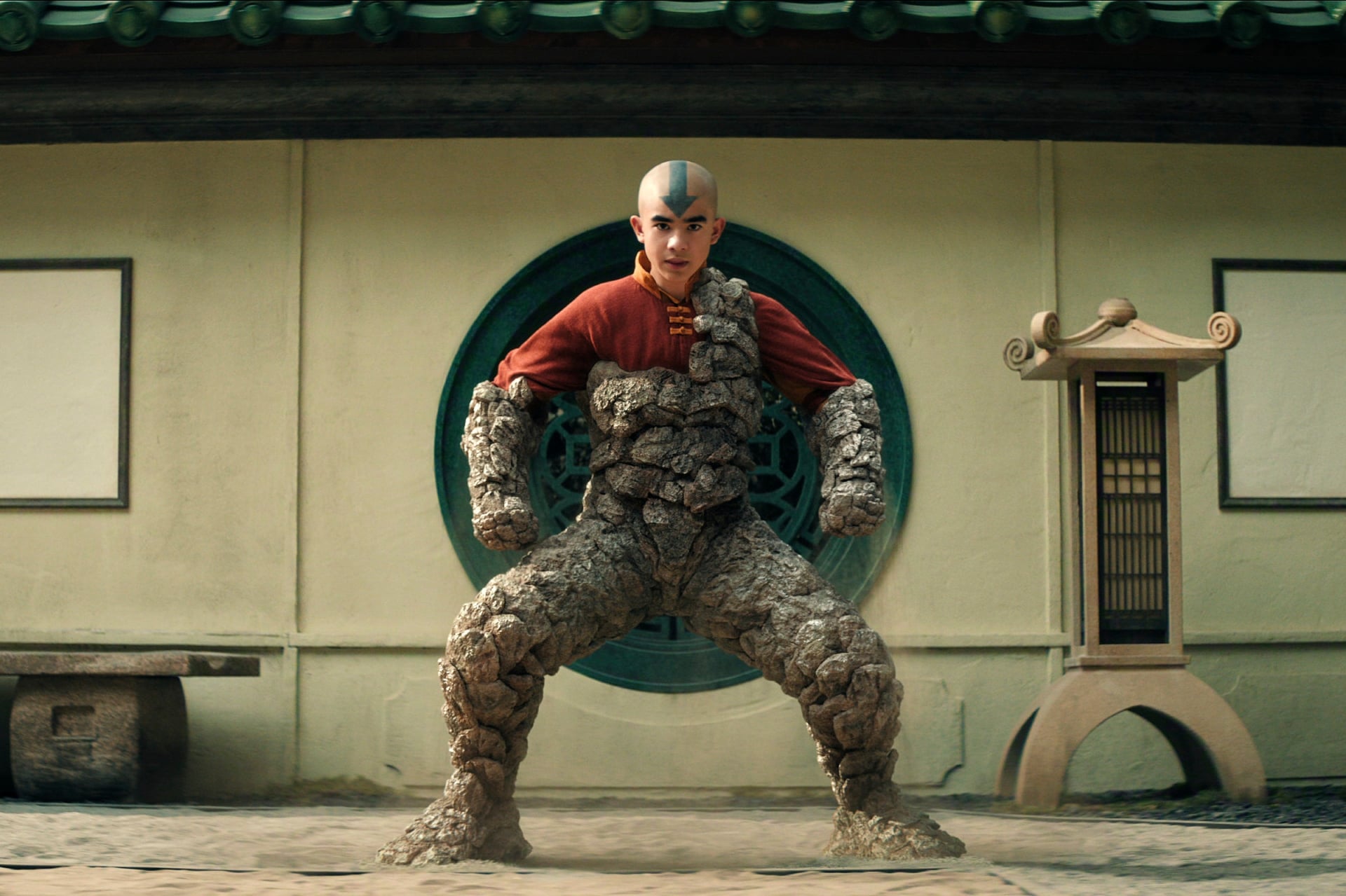 Avatar: The Last Airbender still of Aang earthbending. 