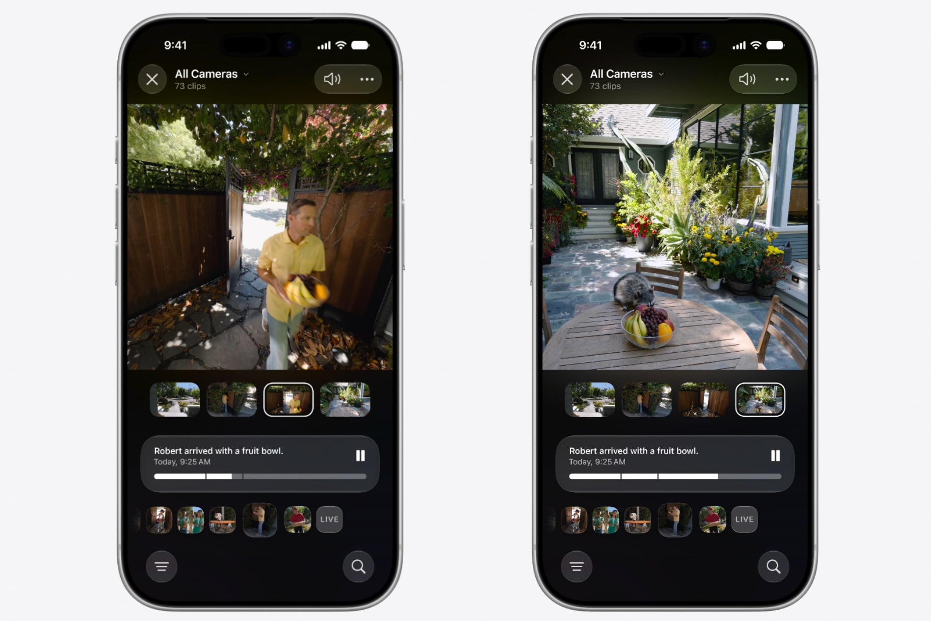 Two screenshots of the Apple Home app with examples of AI security video clip search.
