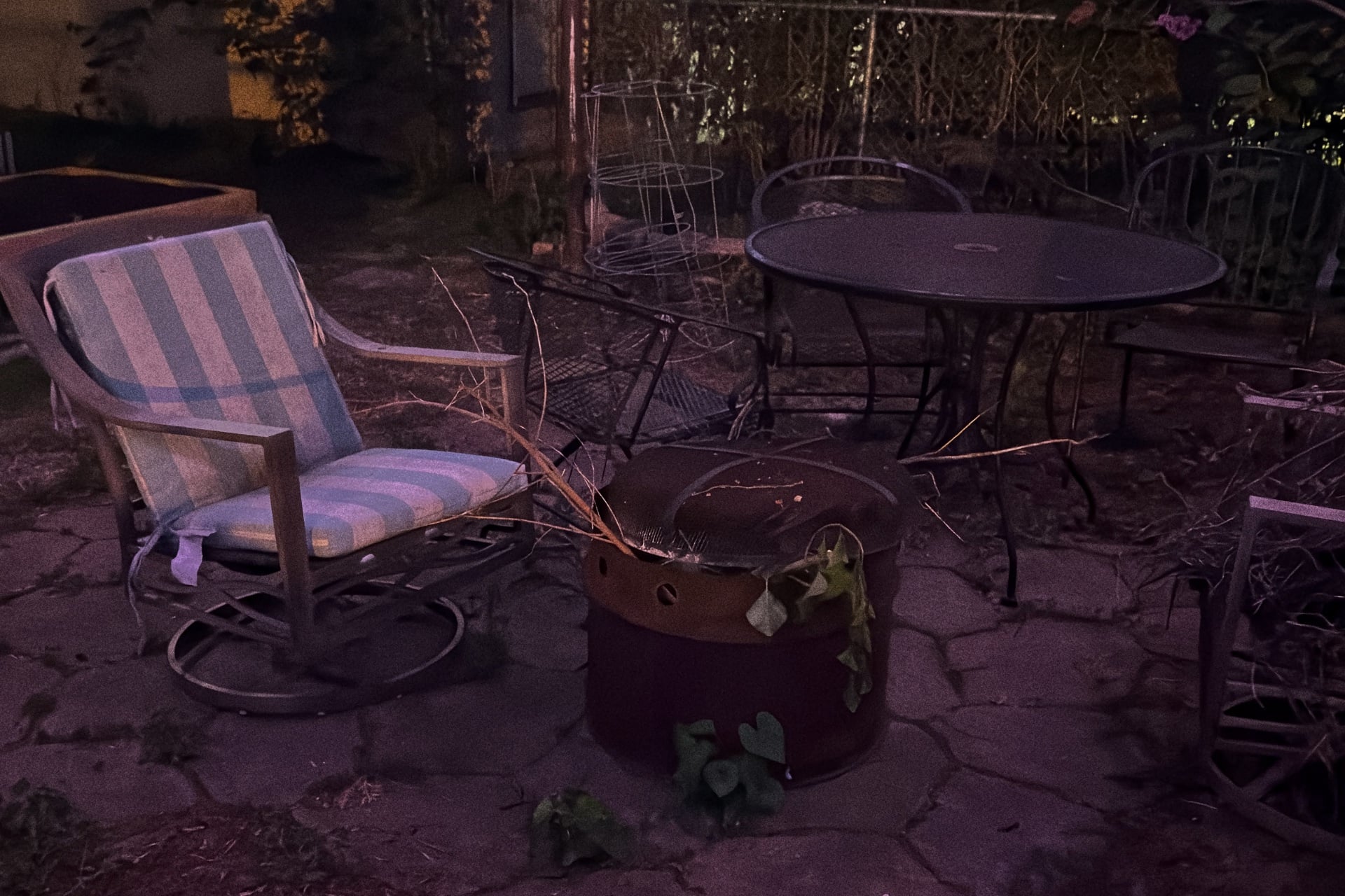 Photo of a dimly-lit patio.
