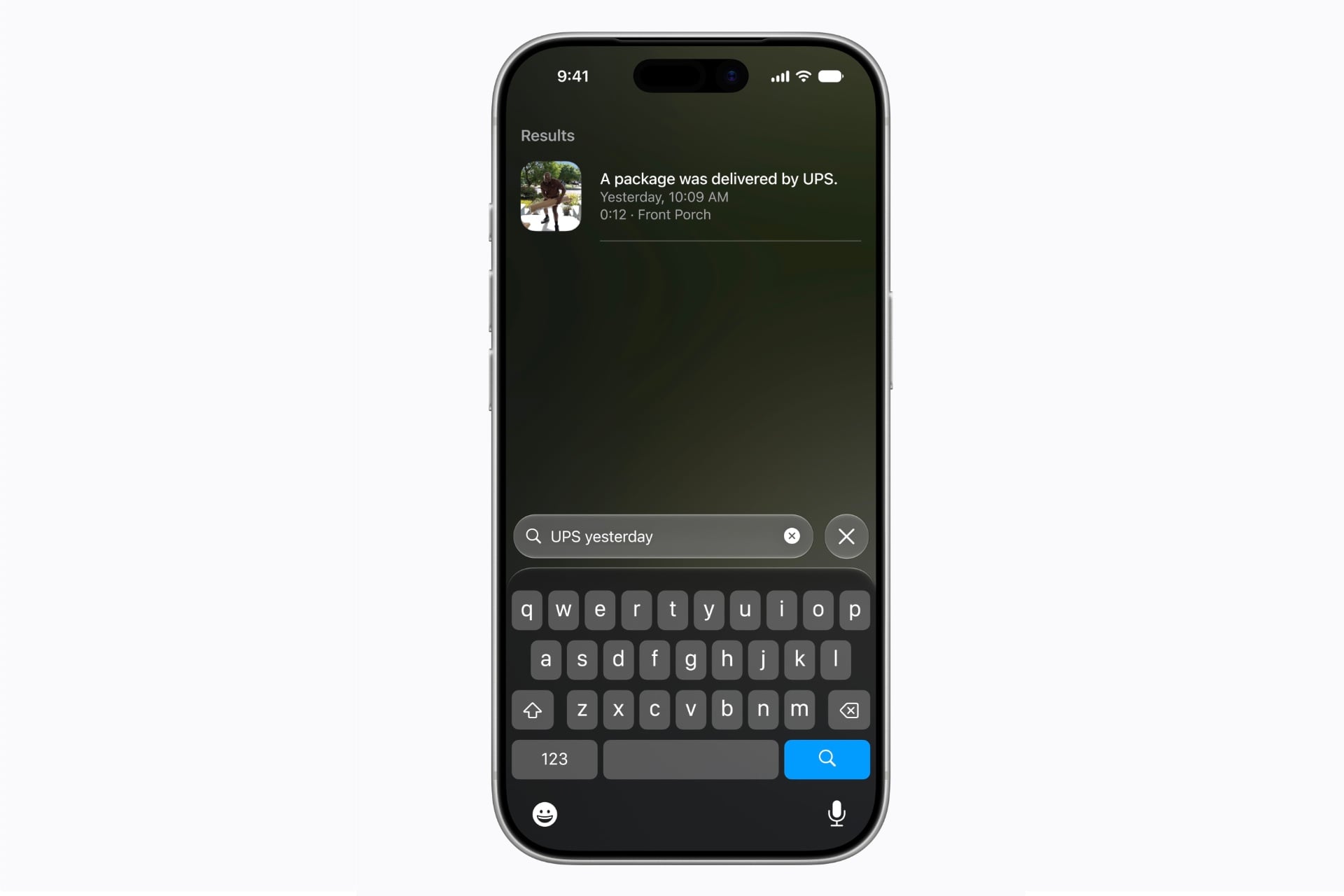 Screenshot of the new Apple Home search feature, with someone typing "UPS yesterday" and a result showing a UPS delivery in process in a thumbnail labeled "A package was delivered by UPS."