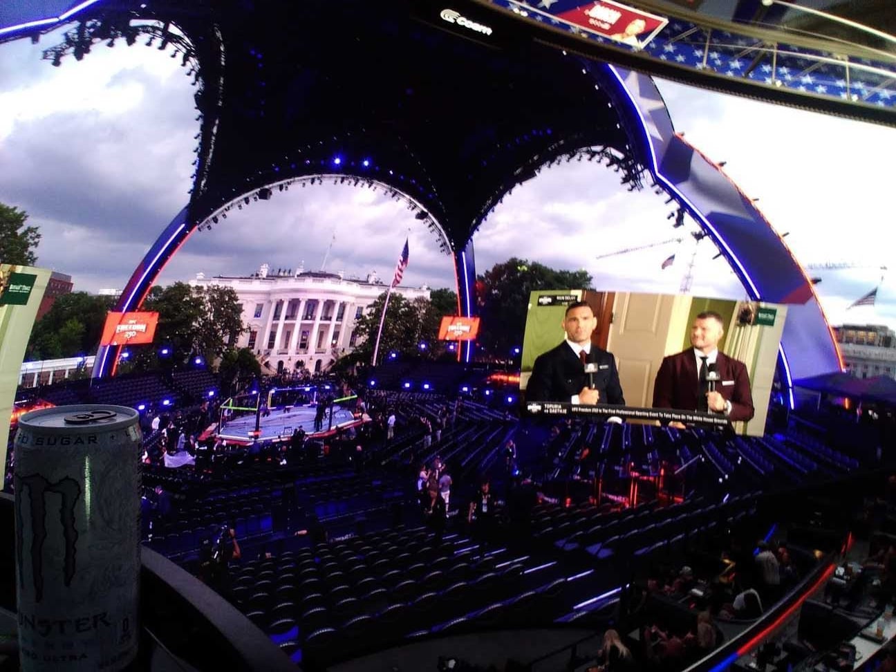 The UFC ring on the south lawn of the White House, viewed on a domed screen