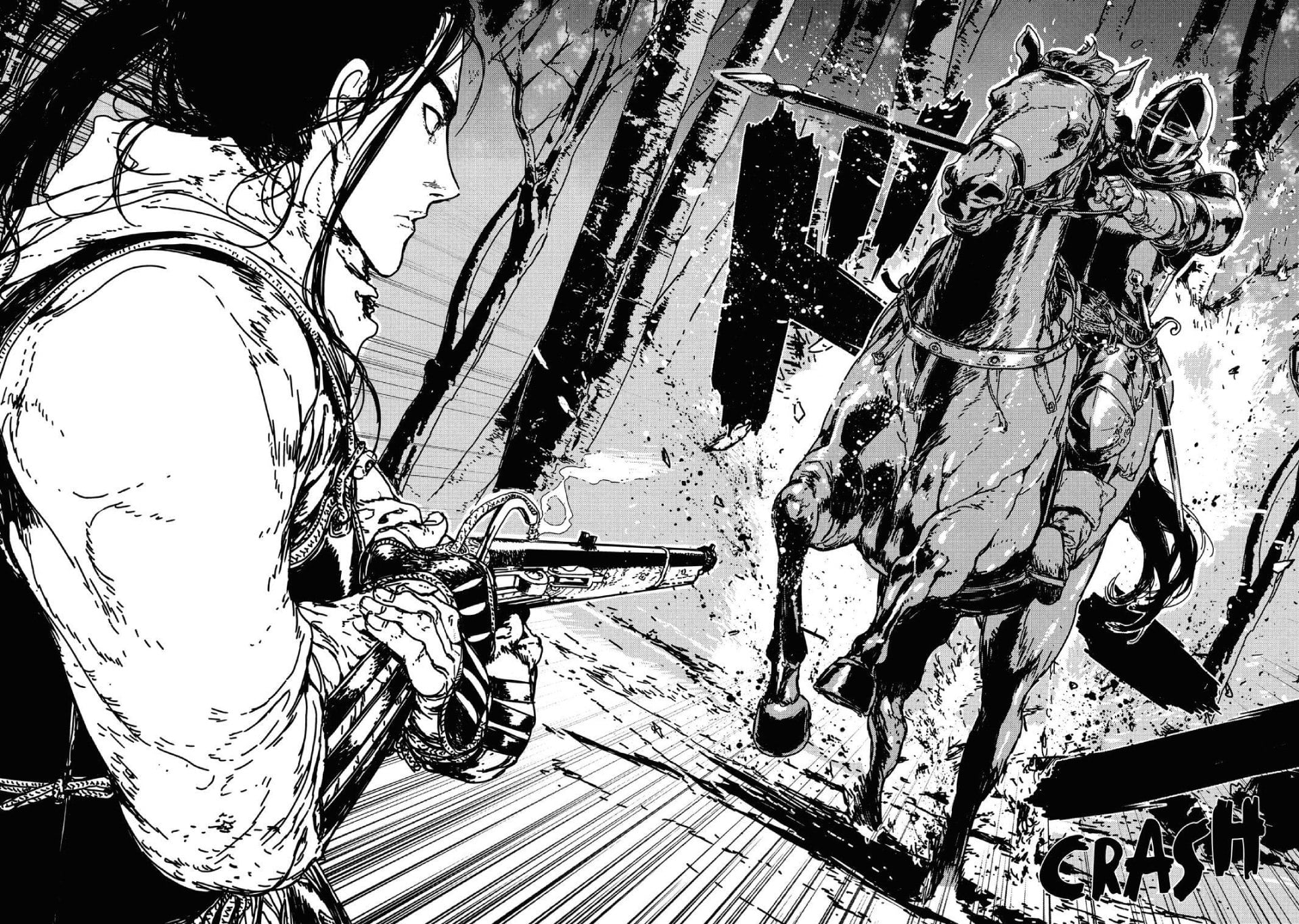 Issak manga page of Issak training his rifle on a soldier riding a horse.