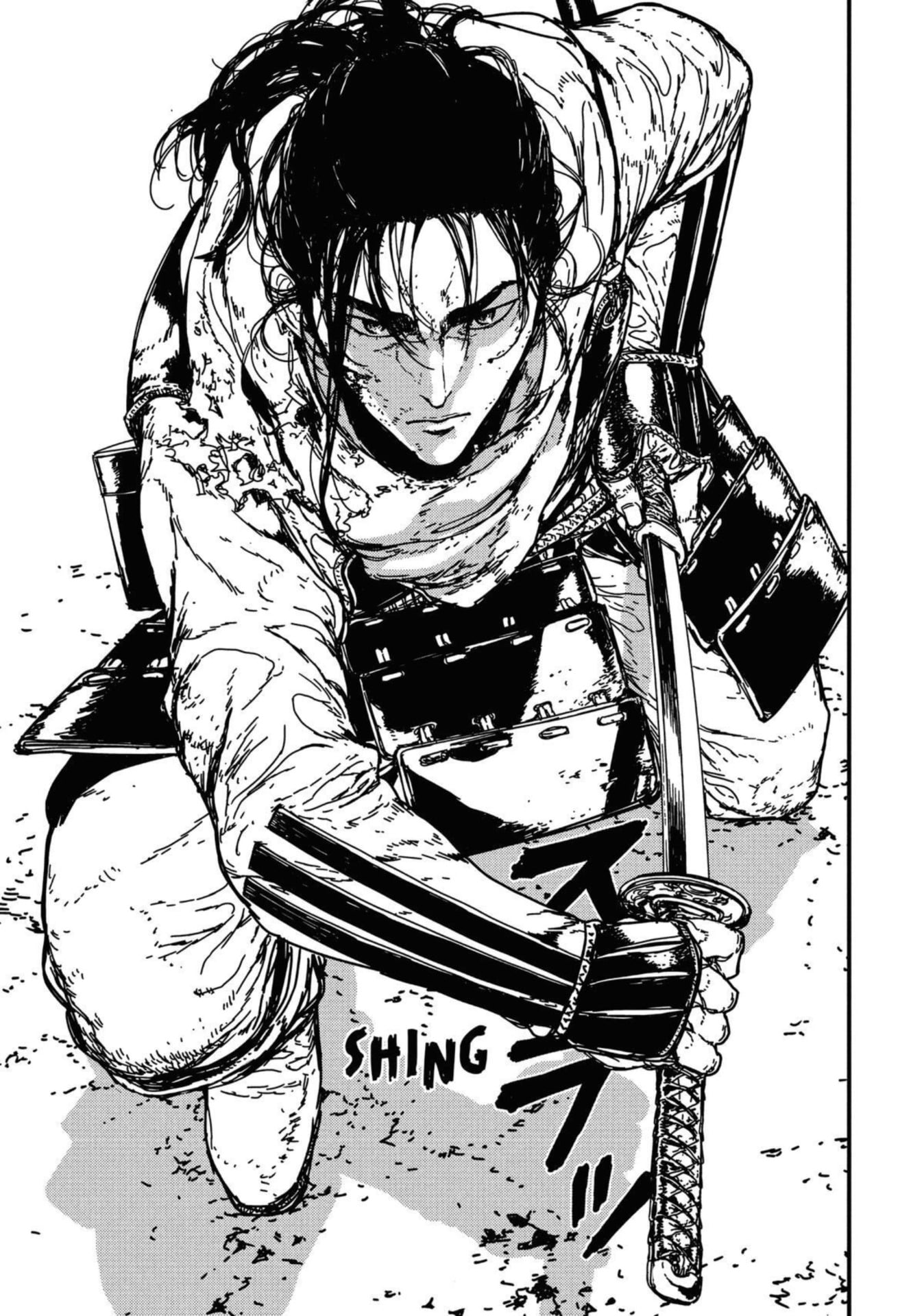 Issak manga page of Issak brandishing his sword.