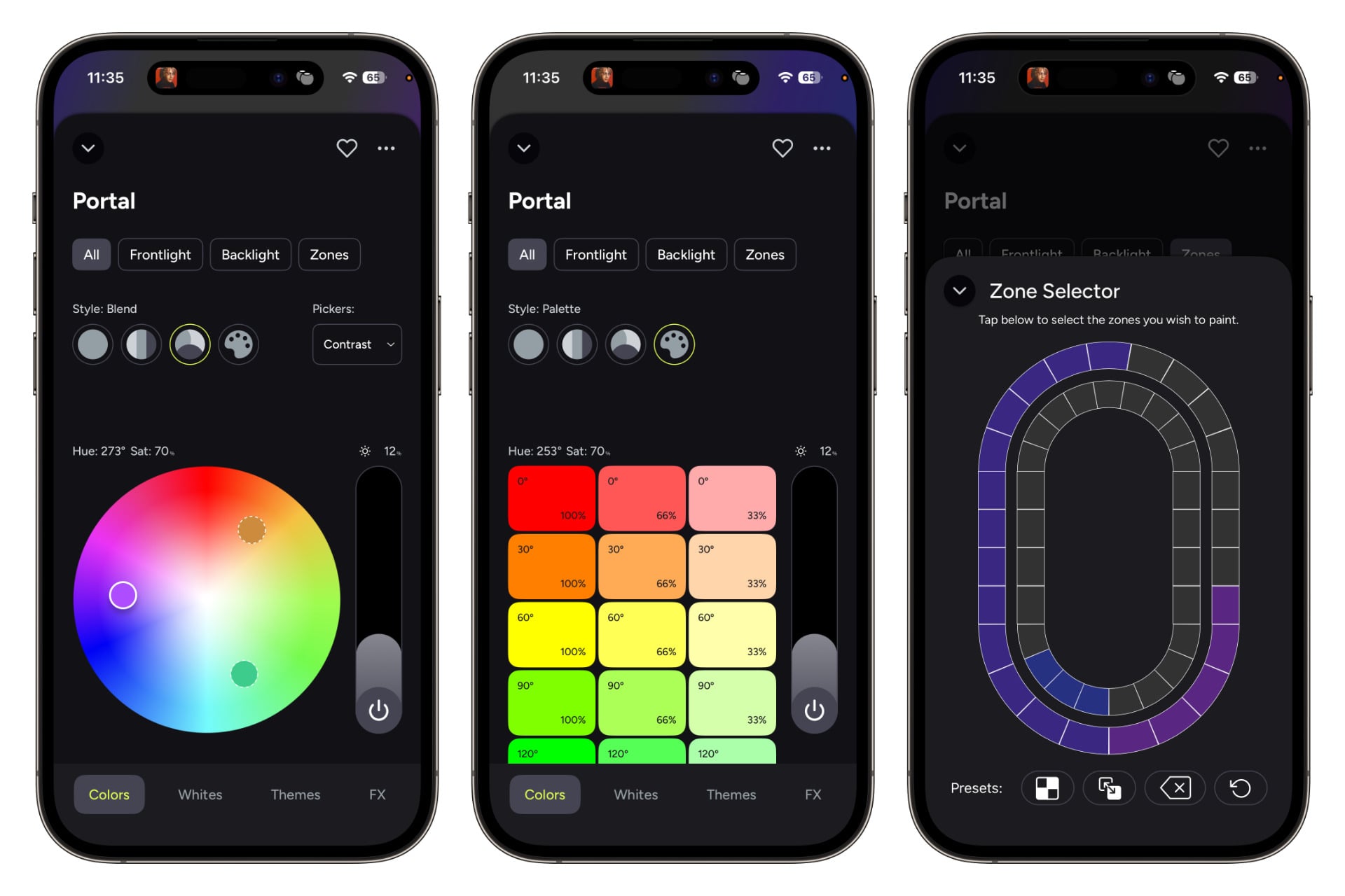Three Lifx app screenshots, showing the light's color pickers via a color wheel, another with color palette options arranged in a three-column, scrollable grid, and a last one that shows the lighting zones, illustrated as individual boxes on the LED ring. 