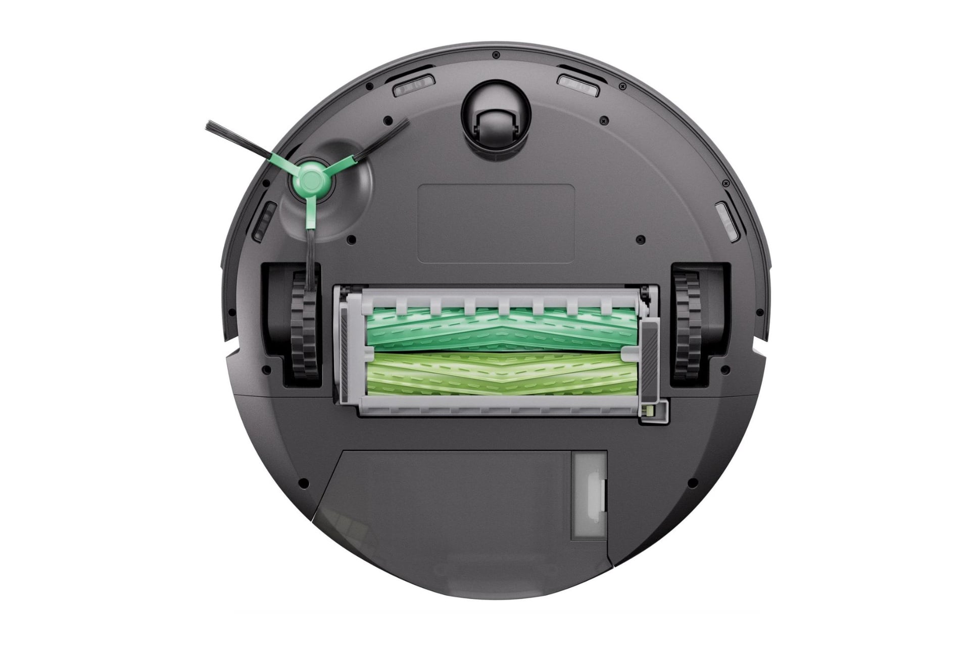 Bottom of the Roomba Max 715, showing its roller brushes