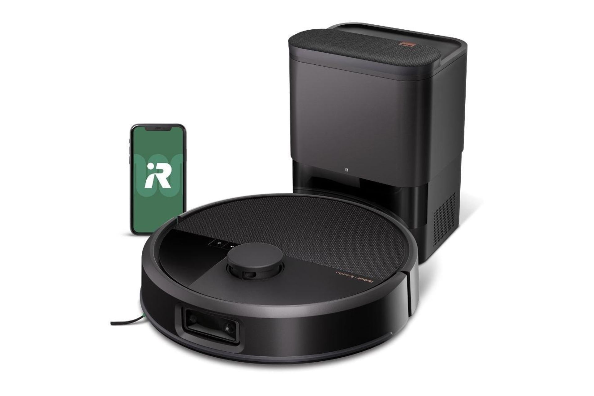 Roomba Max 715 in its dock, which is smaller than that of the 775. Both robot and dock are black, and the robot has a sensor cluster on top.