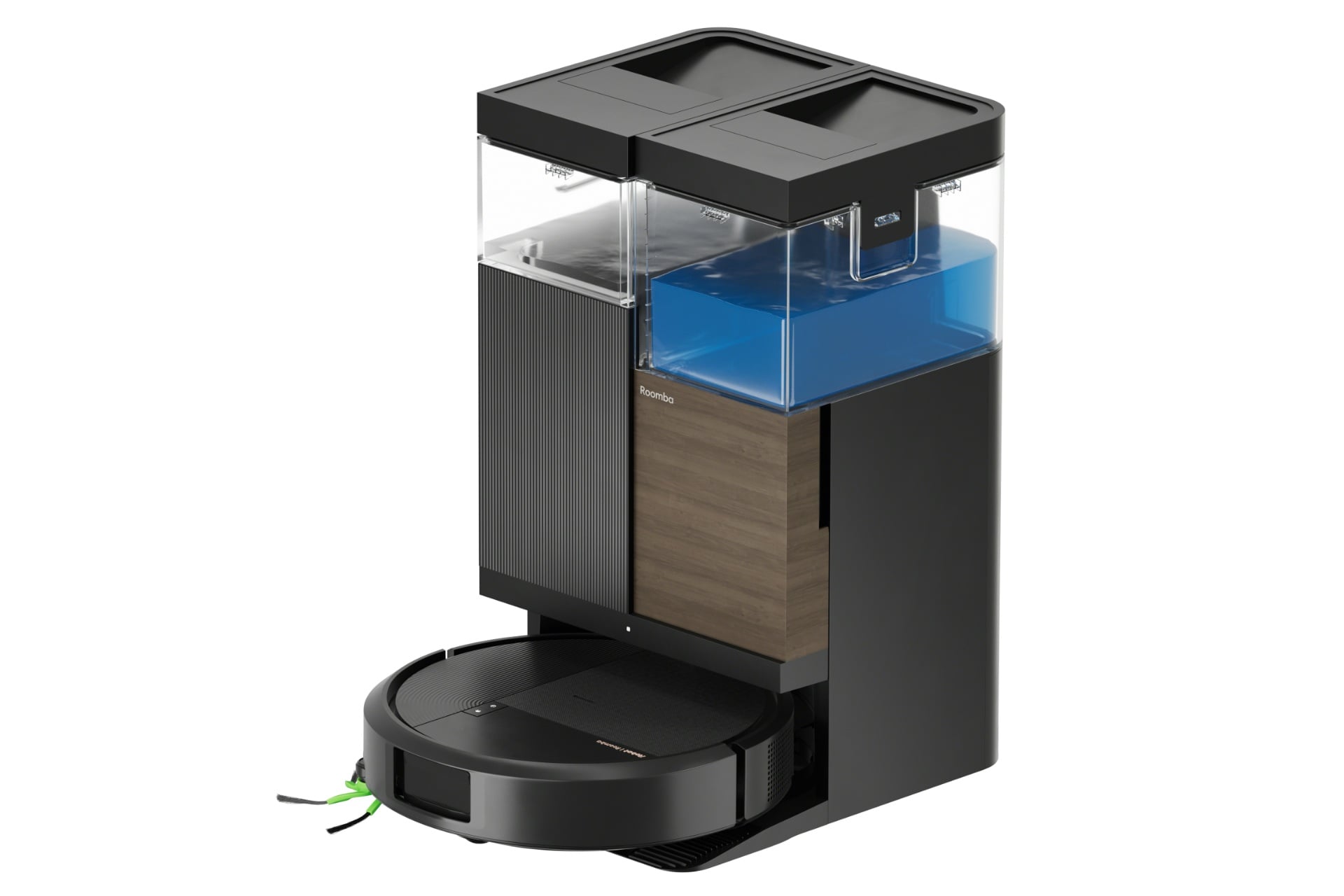 The Roomba Plus 575 in its dock. The dock is tall, with two visible chambers for mop water and dirty water, and a woodgrain-appearing panel on the right side. The right tank appears to be higher-capacity.