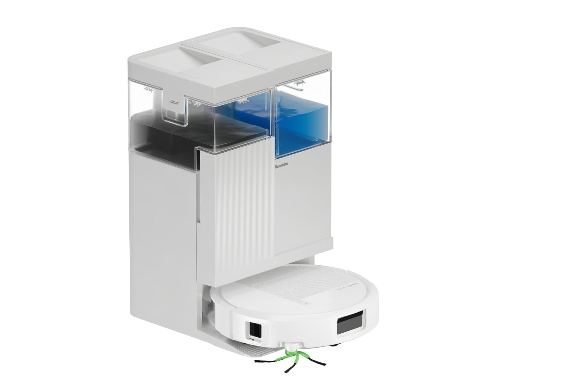 Image of a white Roomba Plus 575 in its dock, this time in white with no faux-wood panels.