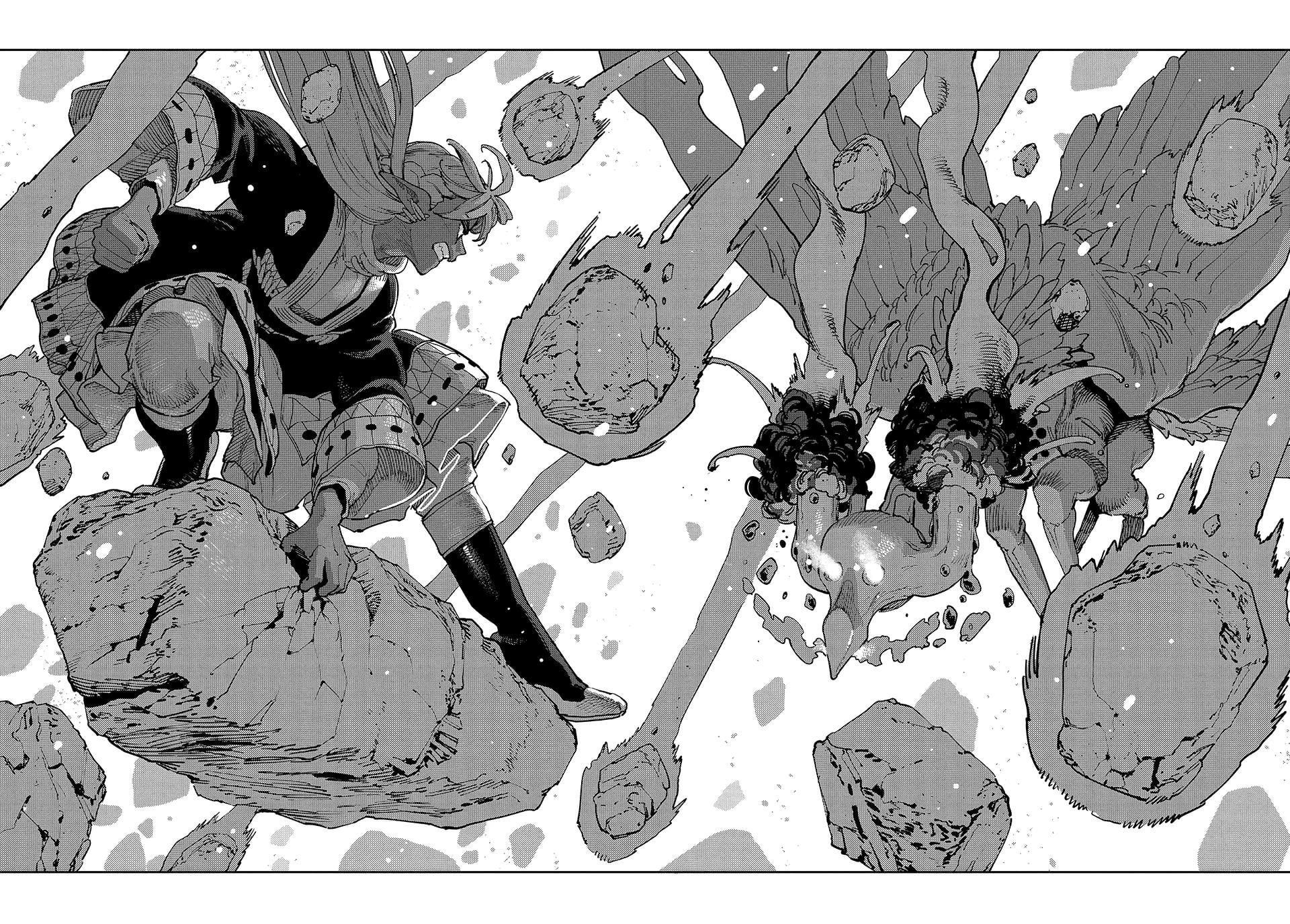 The Journey Of A Dark Elf With Fading Powers double spread of Amira battling a giant creature.
