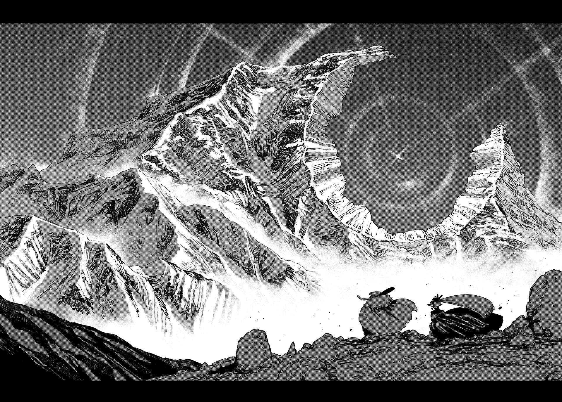 The Journey Of A Dark Elf With Fading Powers double spread of a mountain.