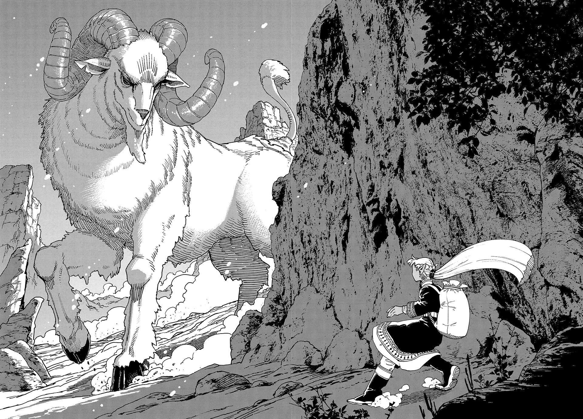 The Journey Of A Dark Elf With Fading Powers double spread of a giant goat.