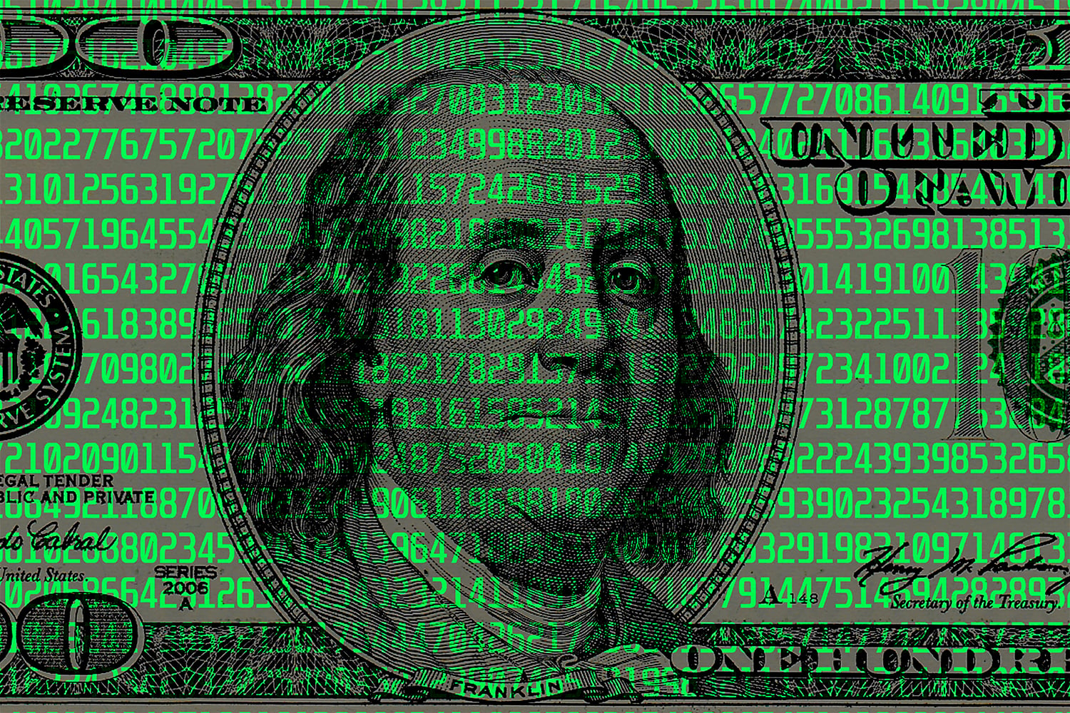 Digital Code On The Background Of A 100 Us Dollar Bill.