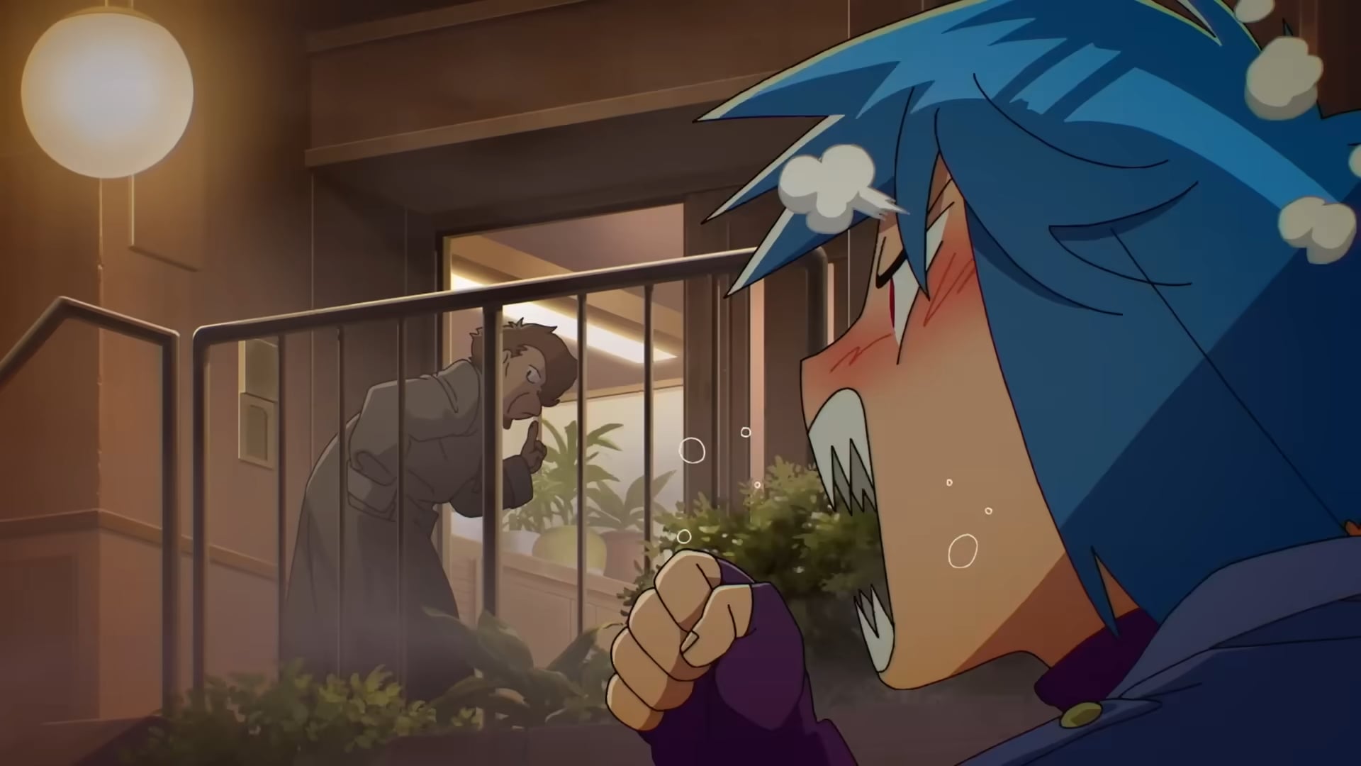 The Ghost In The Shell still of Motoko Kusanagi talking to Aramaki.