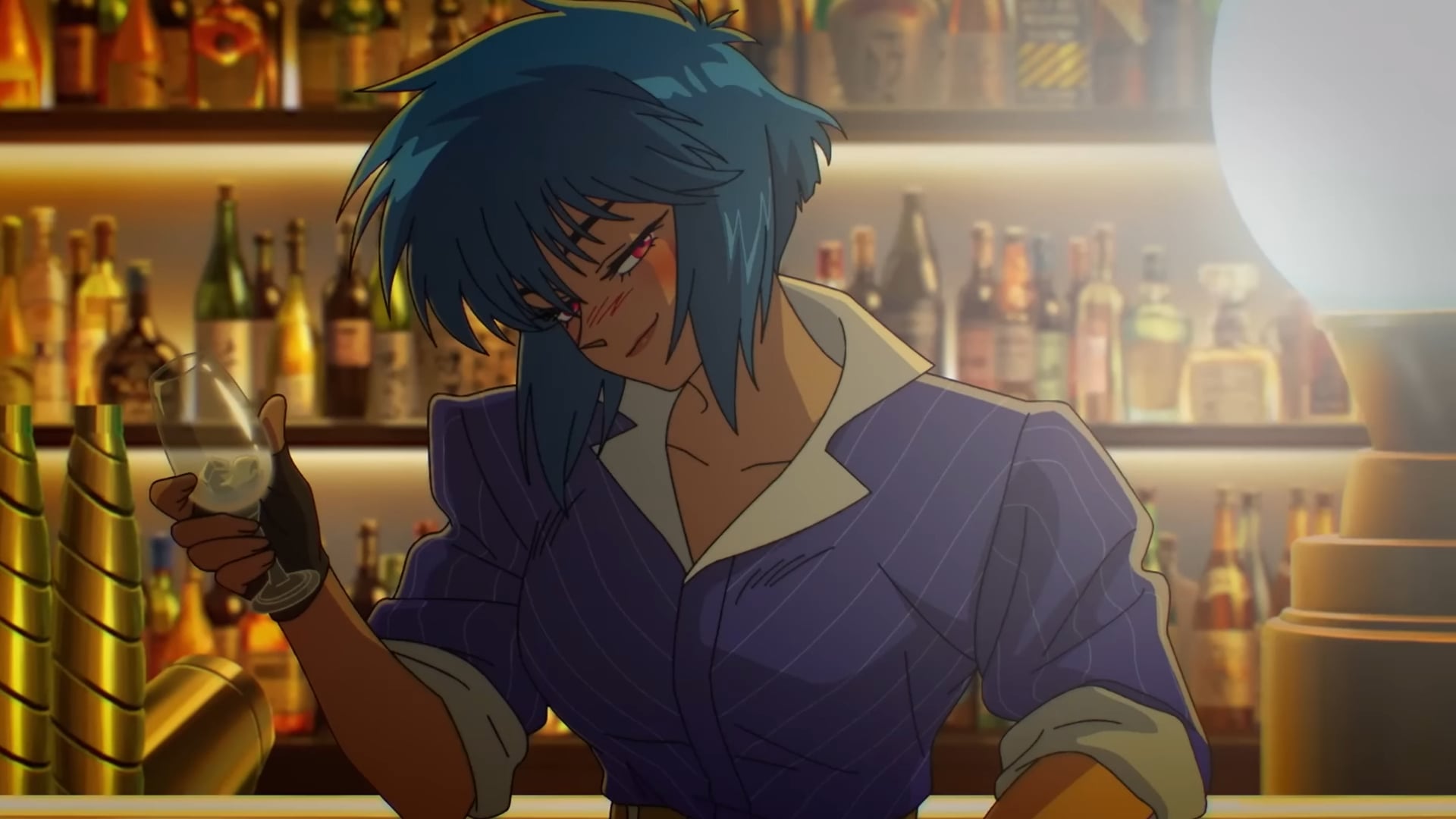 The Ghost In The Shell still of Kusanagi at a bar.