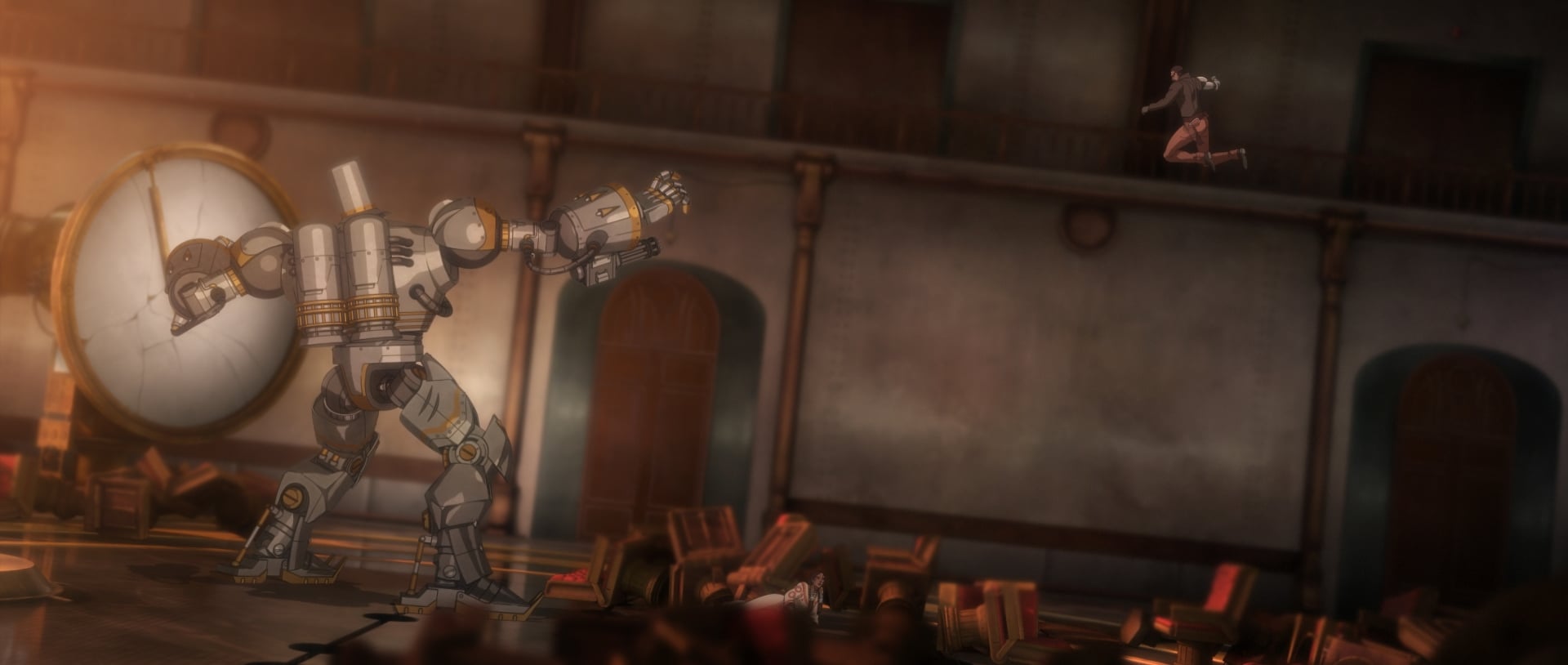 Bass X Machina still of a man fighting an automaton.