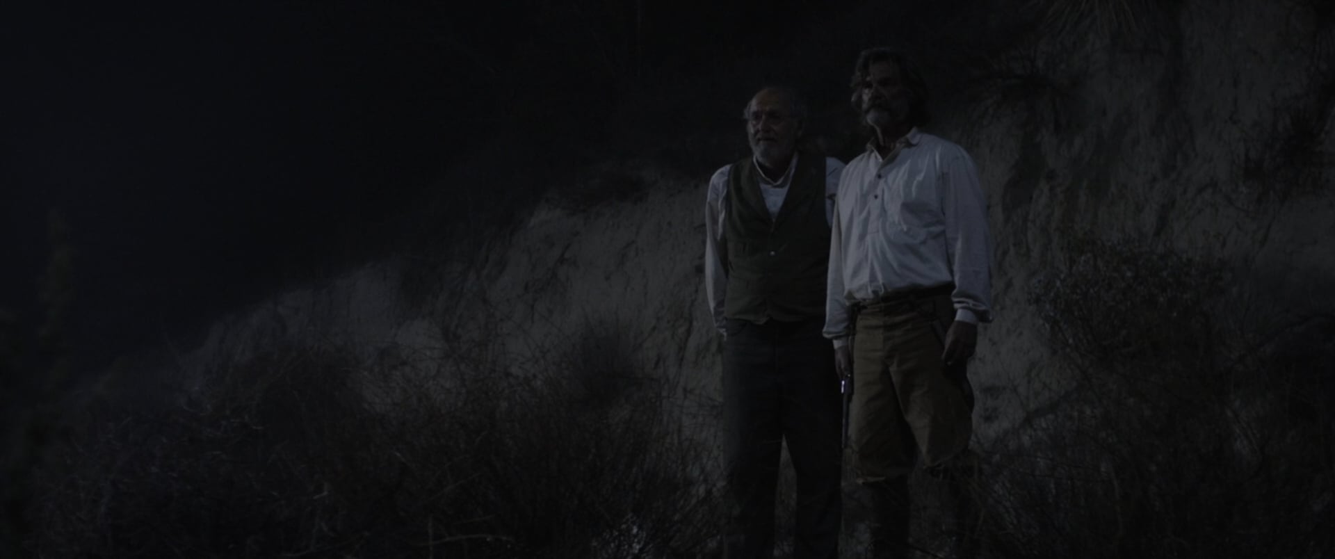Bone Tomahawk still of the sheriff and deputy staring existentially into the night.
