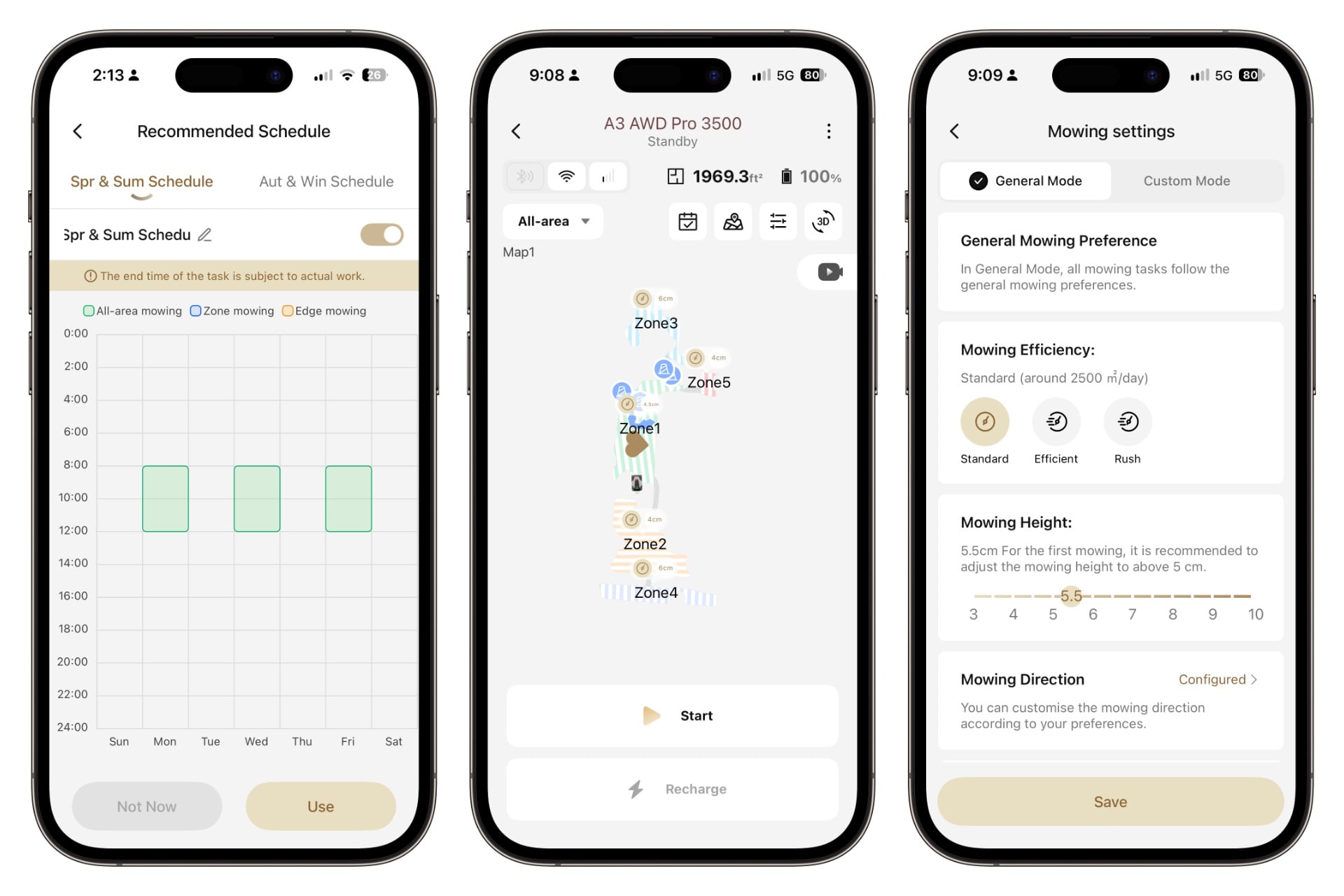 Three screenshots from the Dreame app, showing the scheduling view, home view with map, and mowing settings
