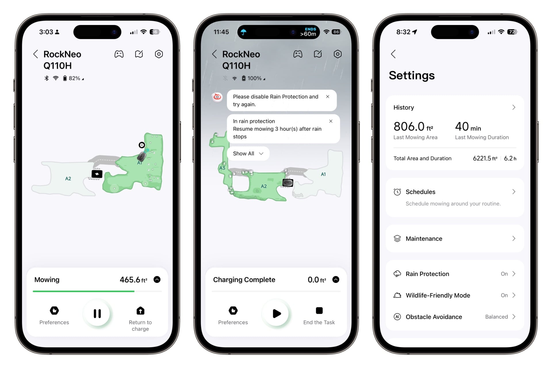 Three screenshots showing the Roborock Rockneo Q110H's app view, includes a map as it mows, map view with rain graphic during a rain storm, and one of its settings screen.