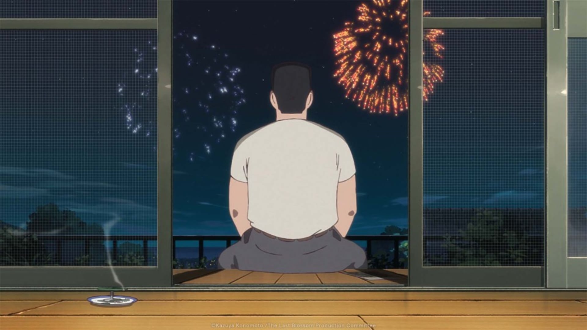 The Last Blossom still of a man watching fireworks.