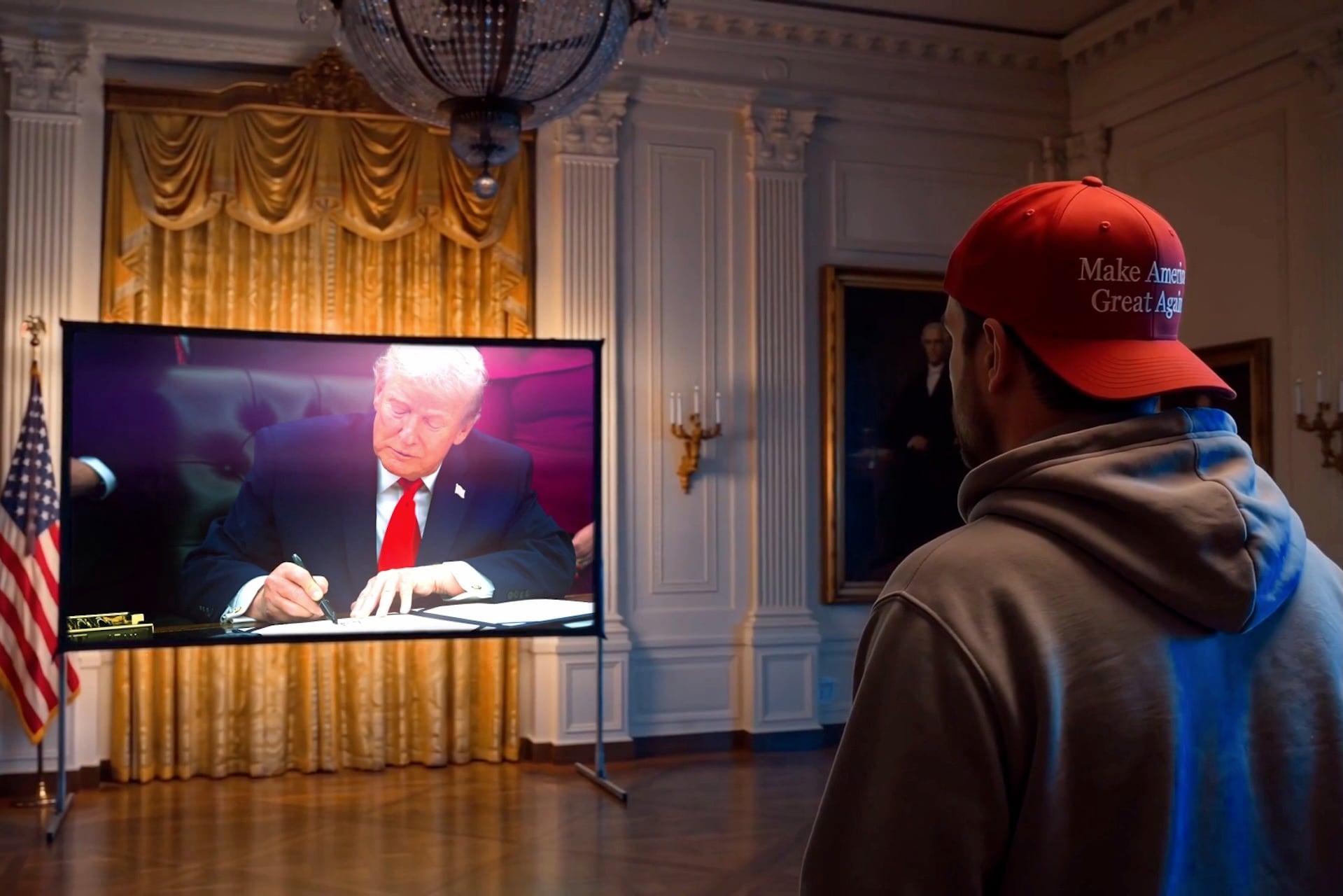 Image from Trump's AI slop video parodying AMC ads. MAGA fan watches video in the White House.