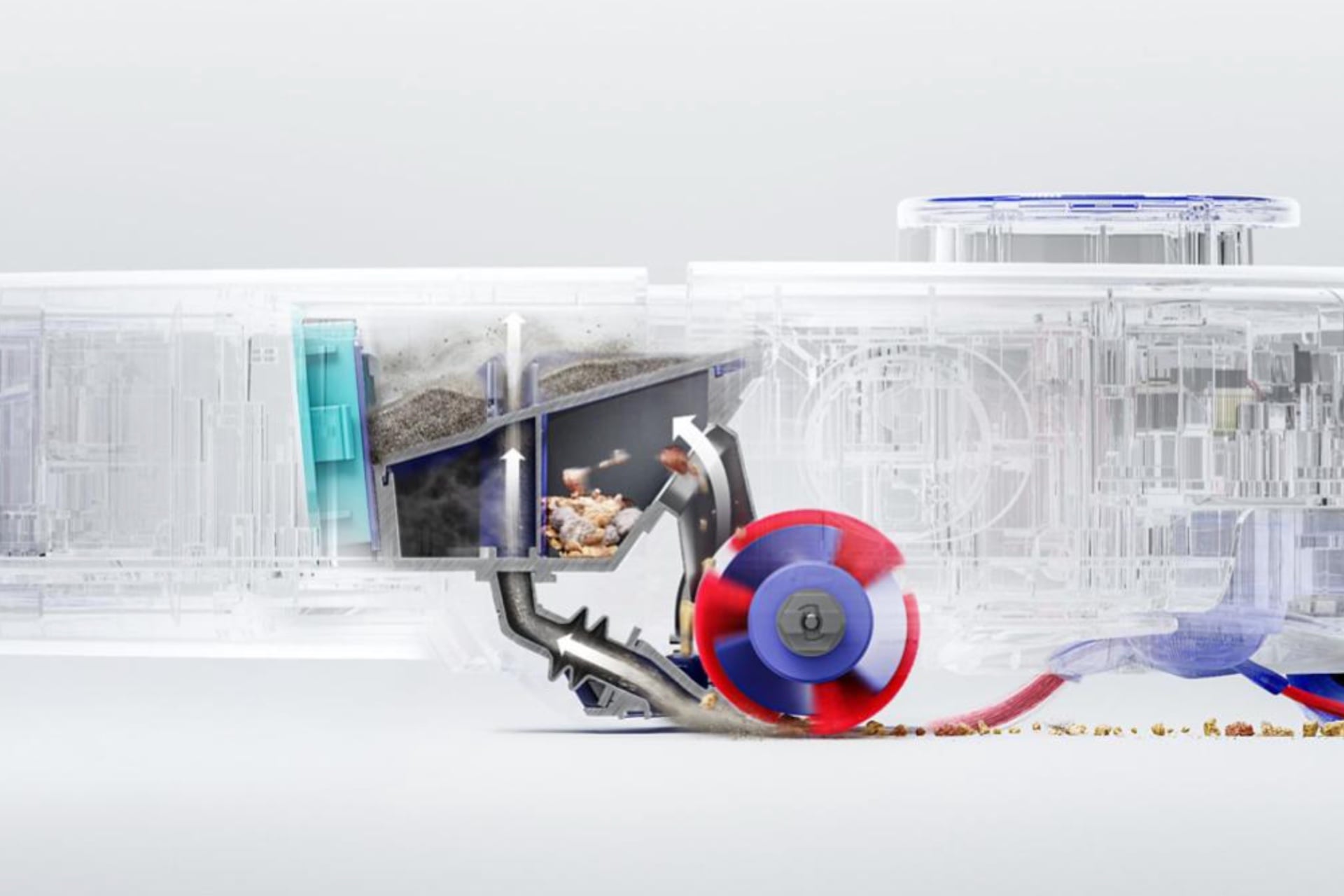 Dyson R1 Nurovi Dry cross-section illustrating the dual-stage pickup system.