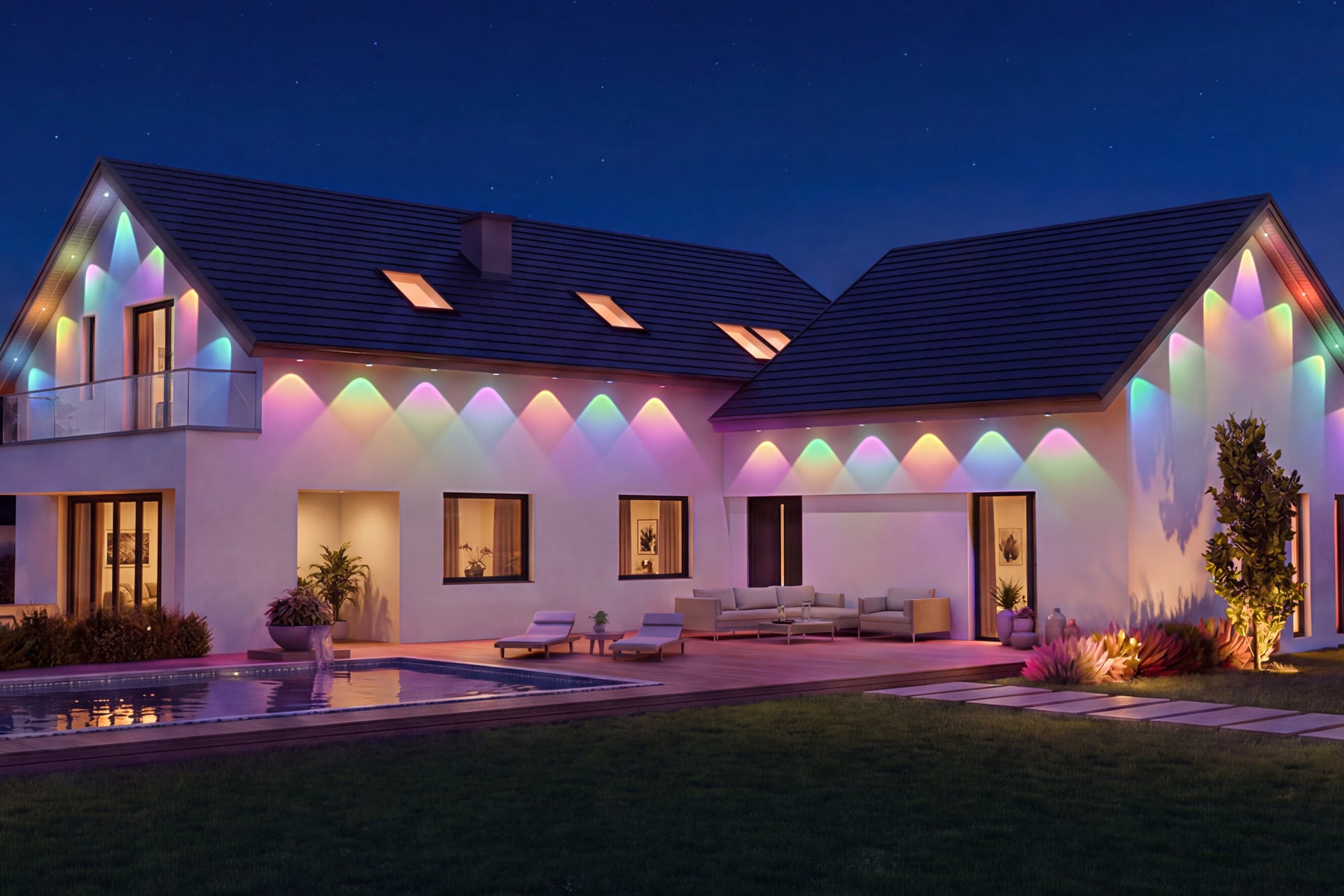 Govee Permanent Outdoor Lights 2 Pro installed on a home, showing lots of different, per-bulb gradients.