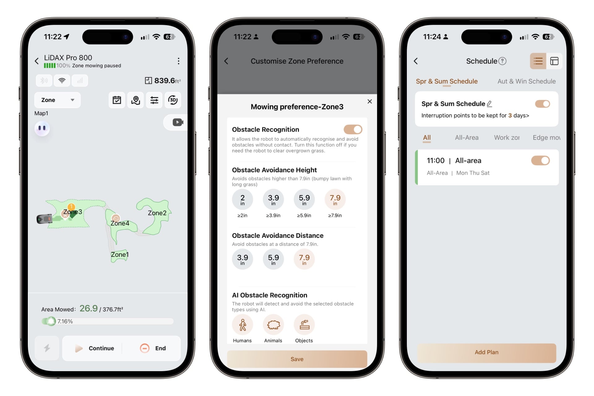 Screenshots from the Movahome app, showing the main screen with its map, options for adjusting obstacle avoidance height and distance, and scheduling.