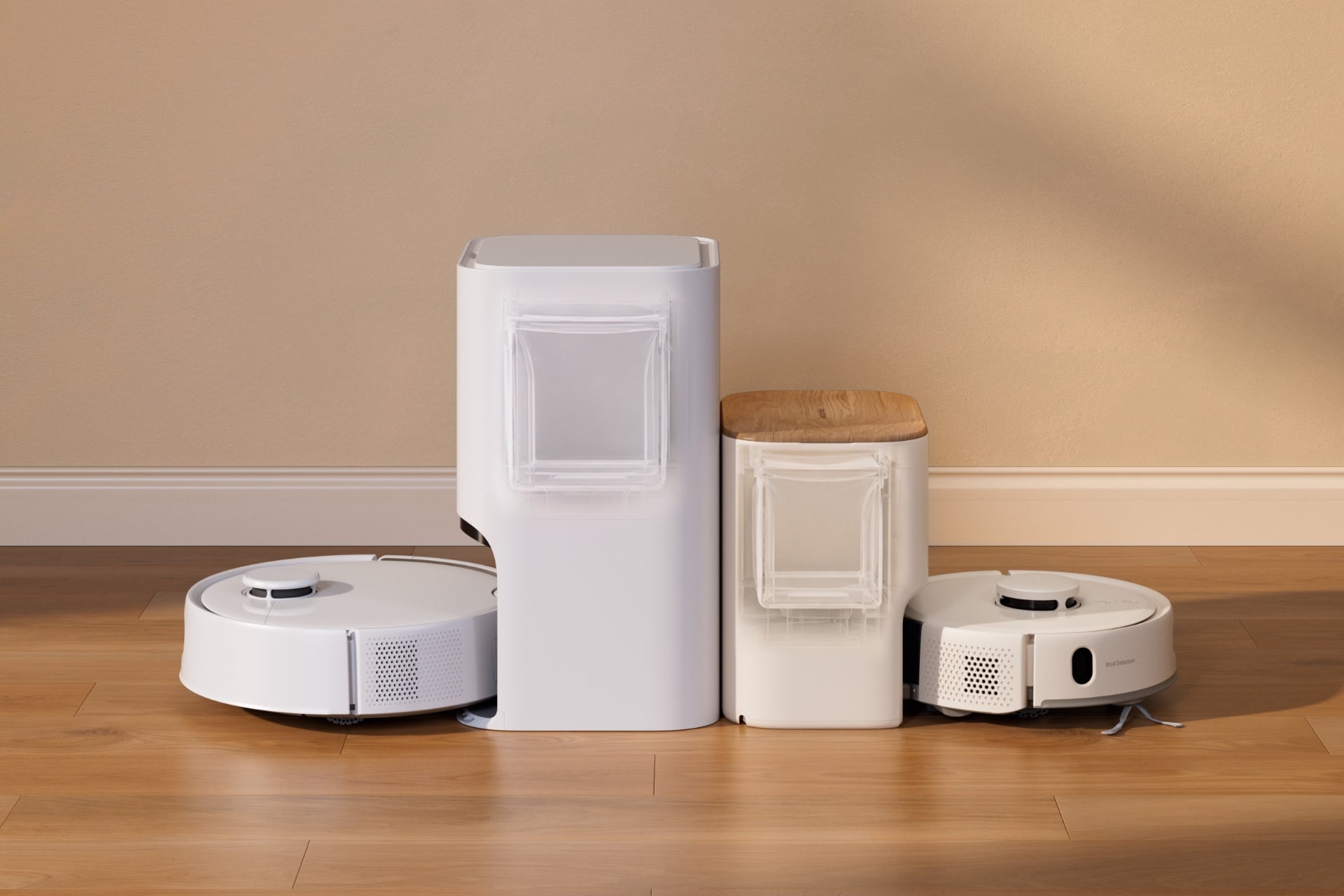 Switchbot K11+ Pro in its dock, which is backed up to a larger, more conventional dock and robot vacuum.